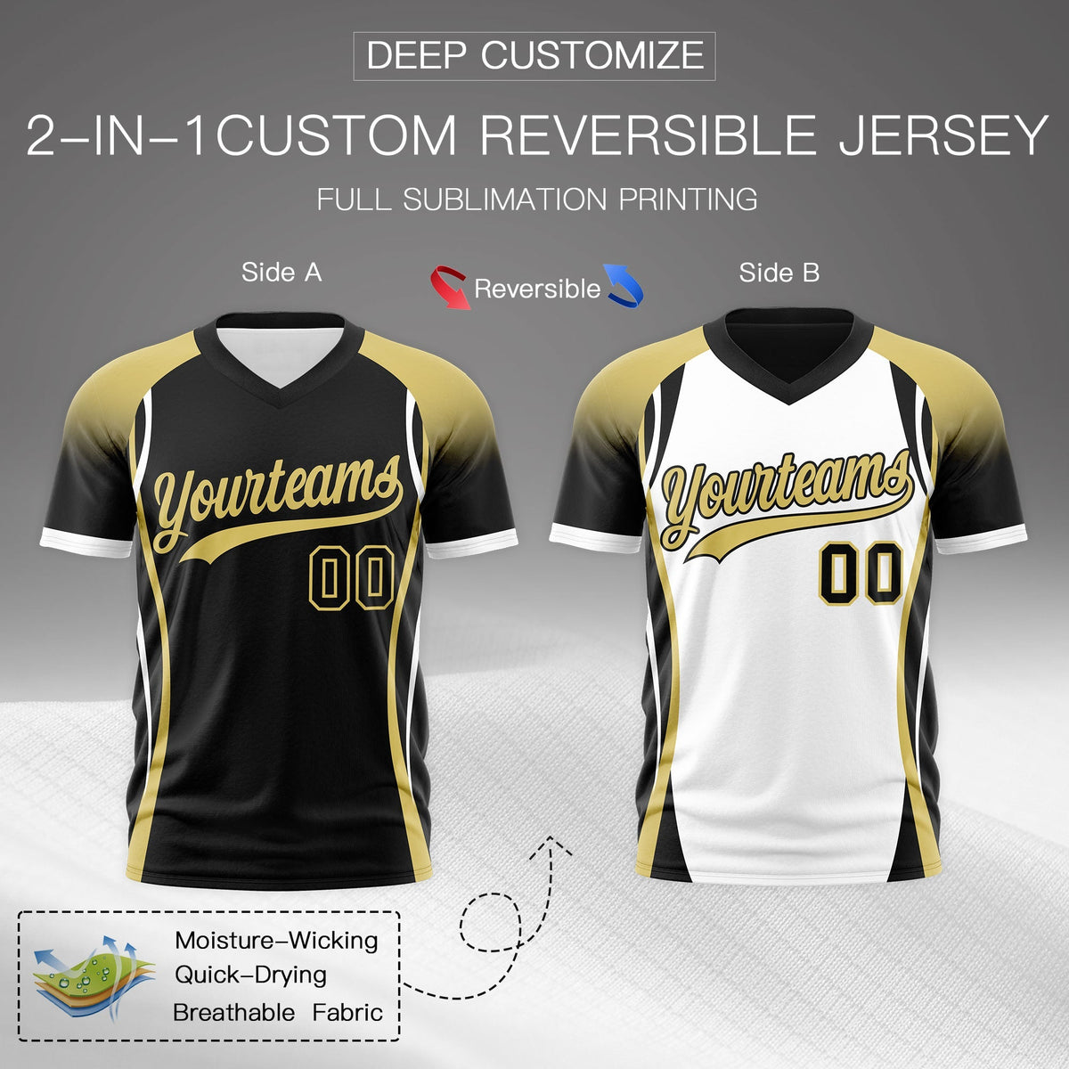 Custom Black Old Gold White Reversible Wrinkle-Resistant T-shirt| KXKSHOP