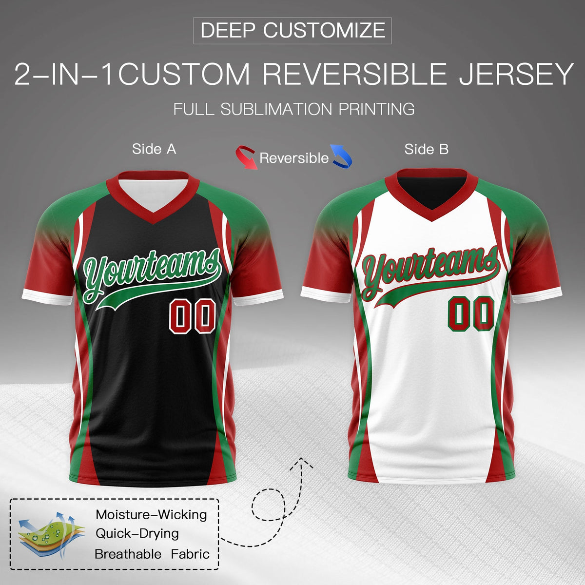 Custom Black Kelly Green Red Reversible Wrinkle-Resistant T-shirt| KXKSHOP