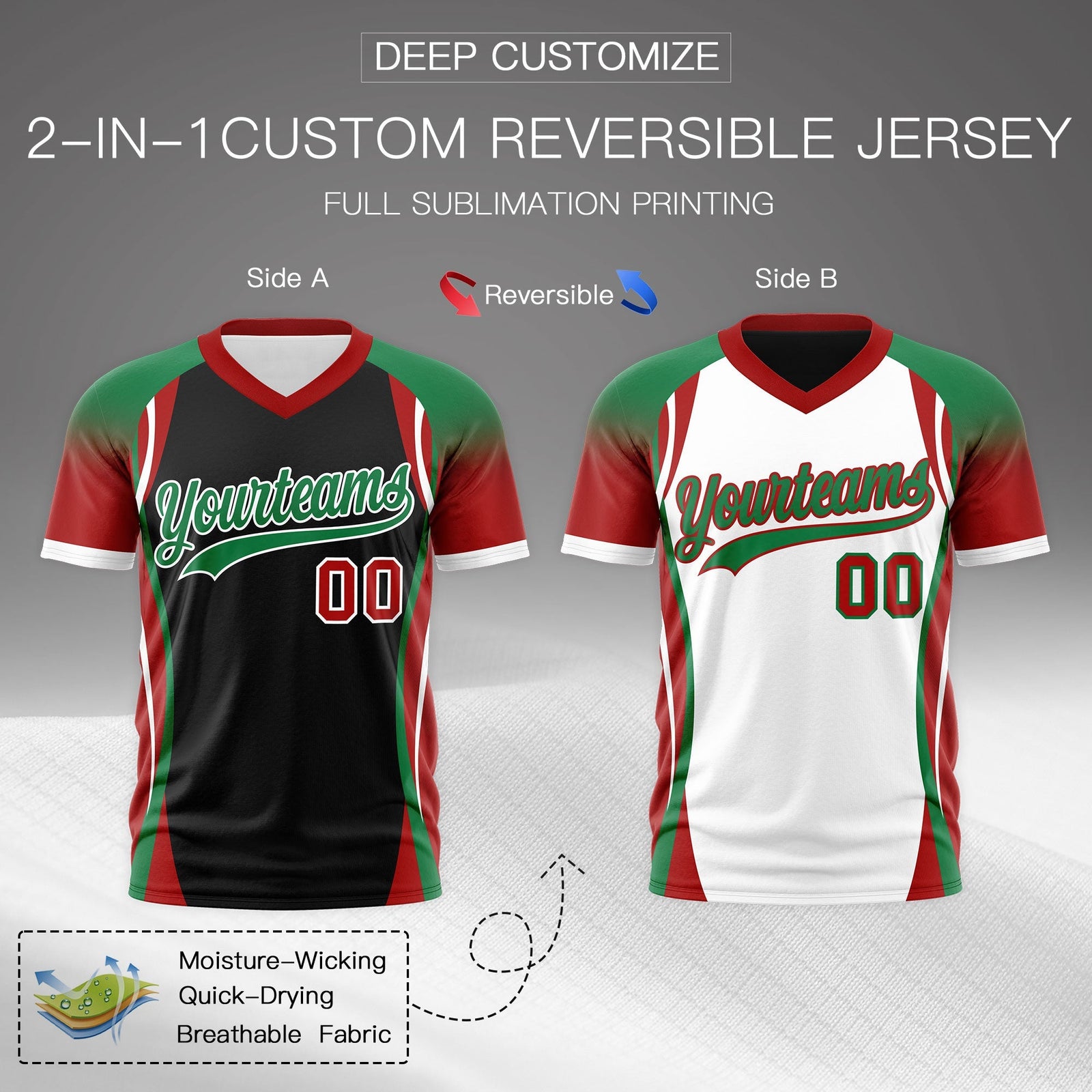 Custom Black Kelly Green Red Reversible Wrinkle-Resistant T-shirt| KXKSHOP