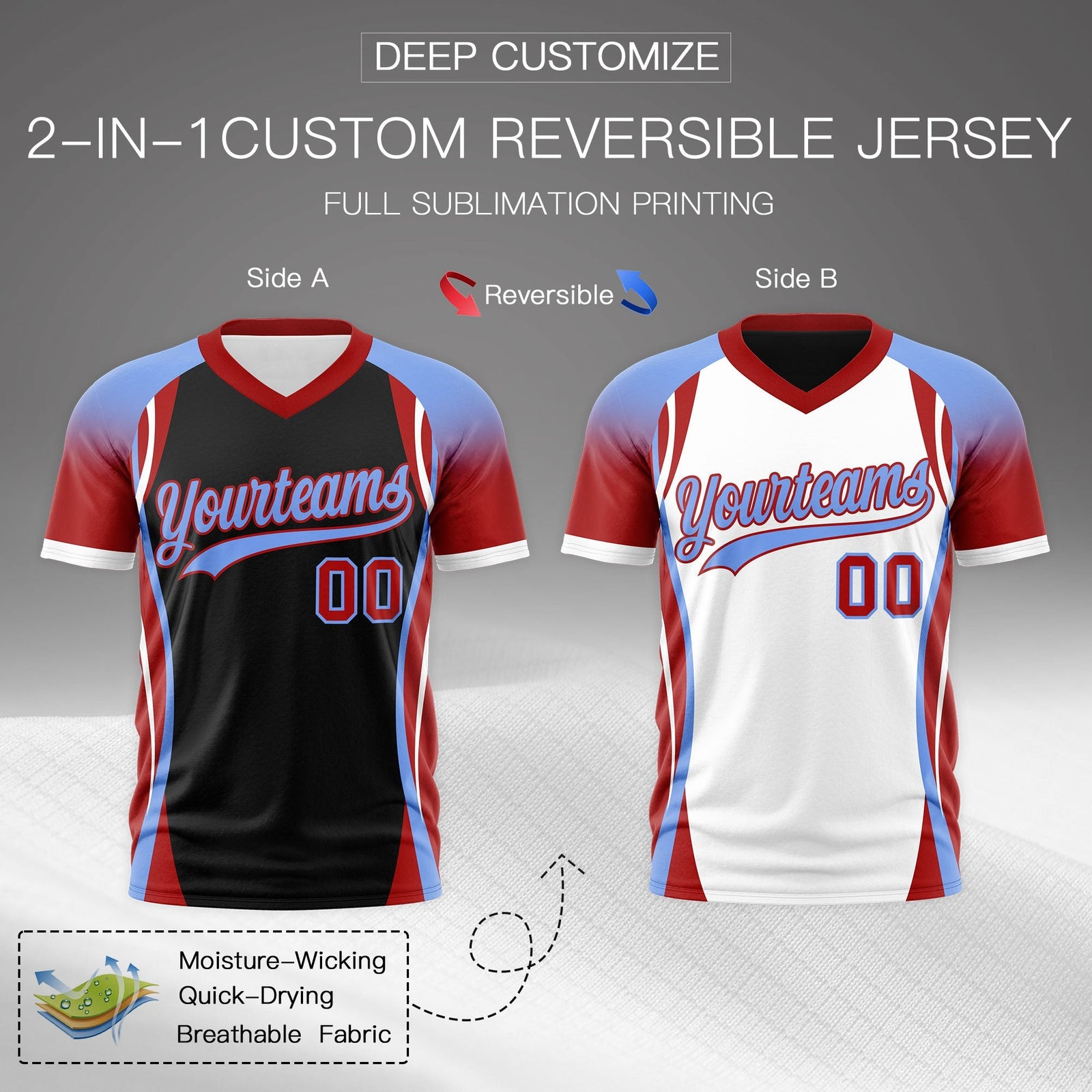 Custom Black Light Blue Red Reversible Breathable T-shirt| KXKSHOP