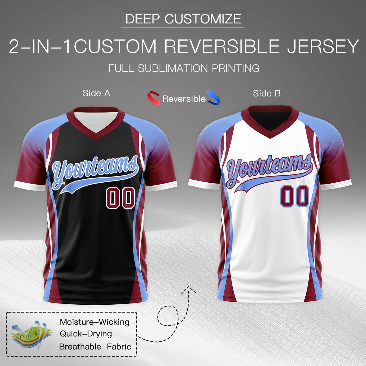 Custom Black Light Blue Crimson Reversible Breathable T-shirt| KXKSHOP