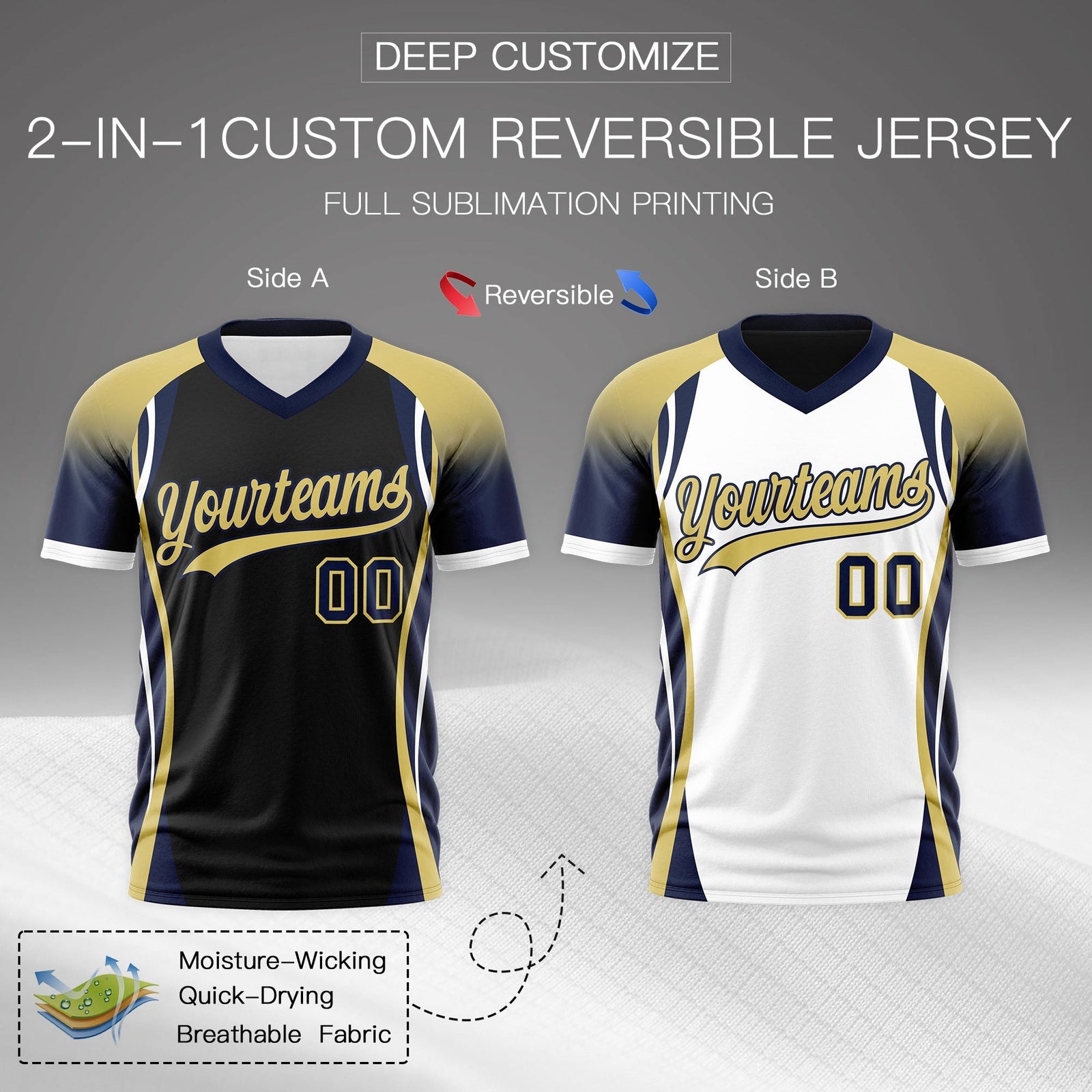 Custom Black Old Gold Navy Reversible Wrinkle-Resistant T-shirt| KXKSHOP