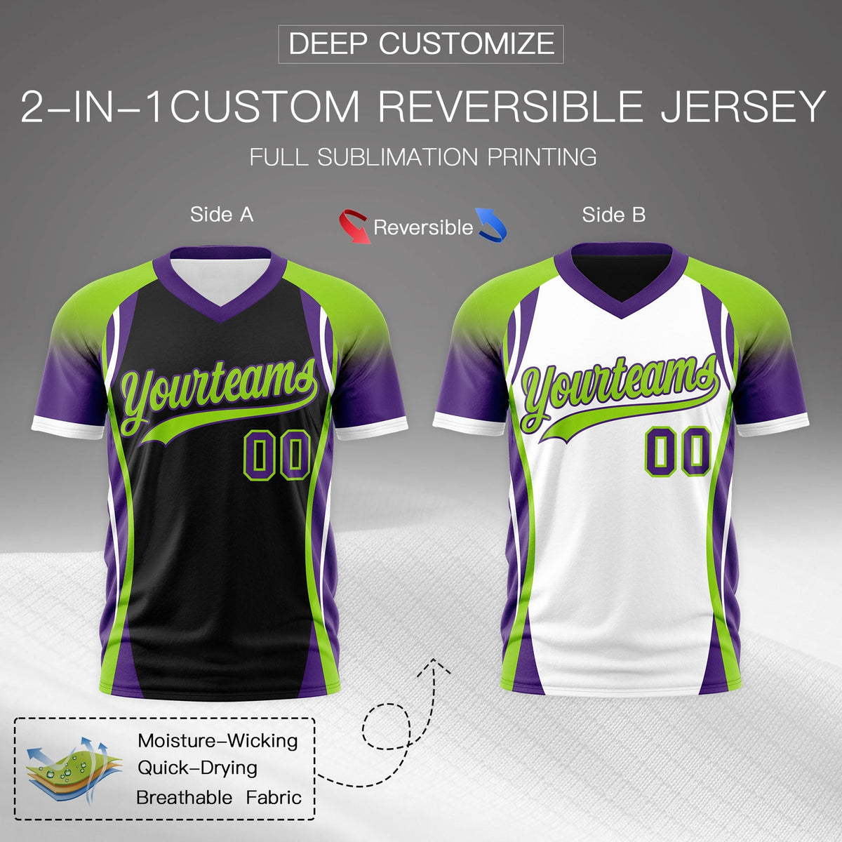 Custom Black Neon Green Purple Reversible Breathable T-shirt| KXKSHOP
