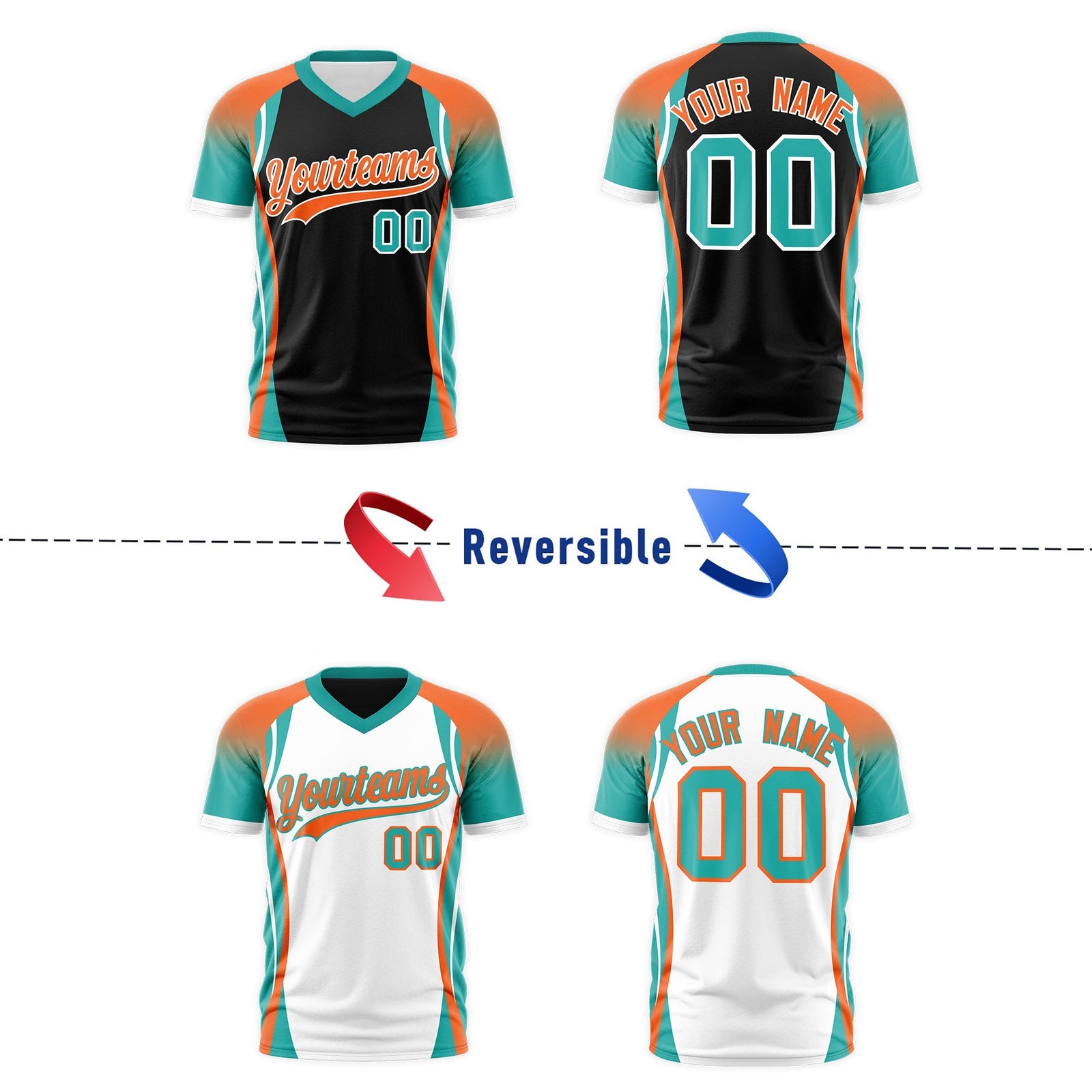 Custom Black Orange Aqua Reversible Wrinkle-Resistant T-shirt| KXKSHOP