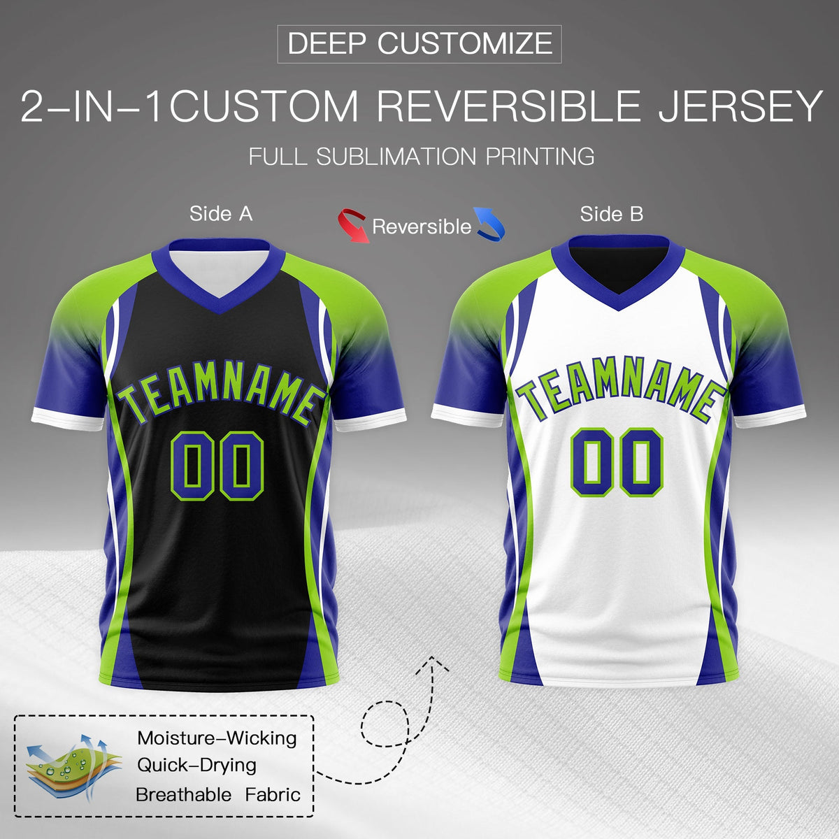 Custom Black Neon Green Royal Blue Reversible Breathable T-shirt| KXKSHOP