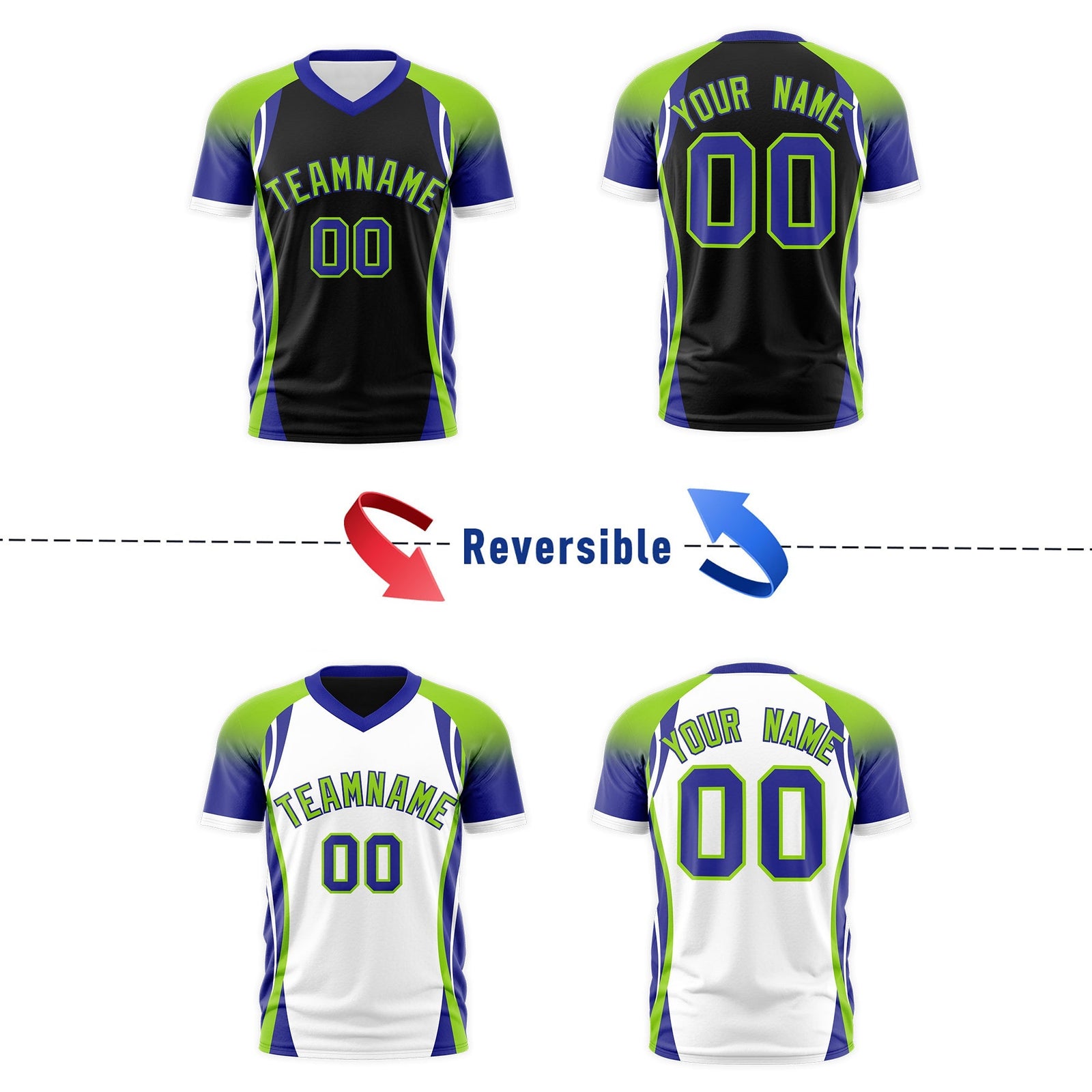 Custom Black Neon Green Royal Blue Reversible Breathable T-shirt| KXKSHOP