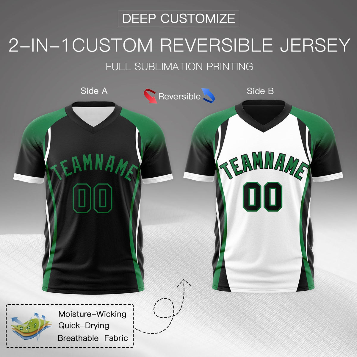 Custom Black Kelly Green White Reversible Breathable T-shirt| KXKSHOP