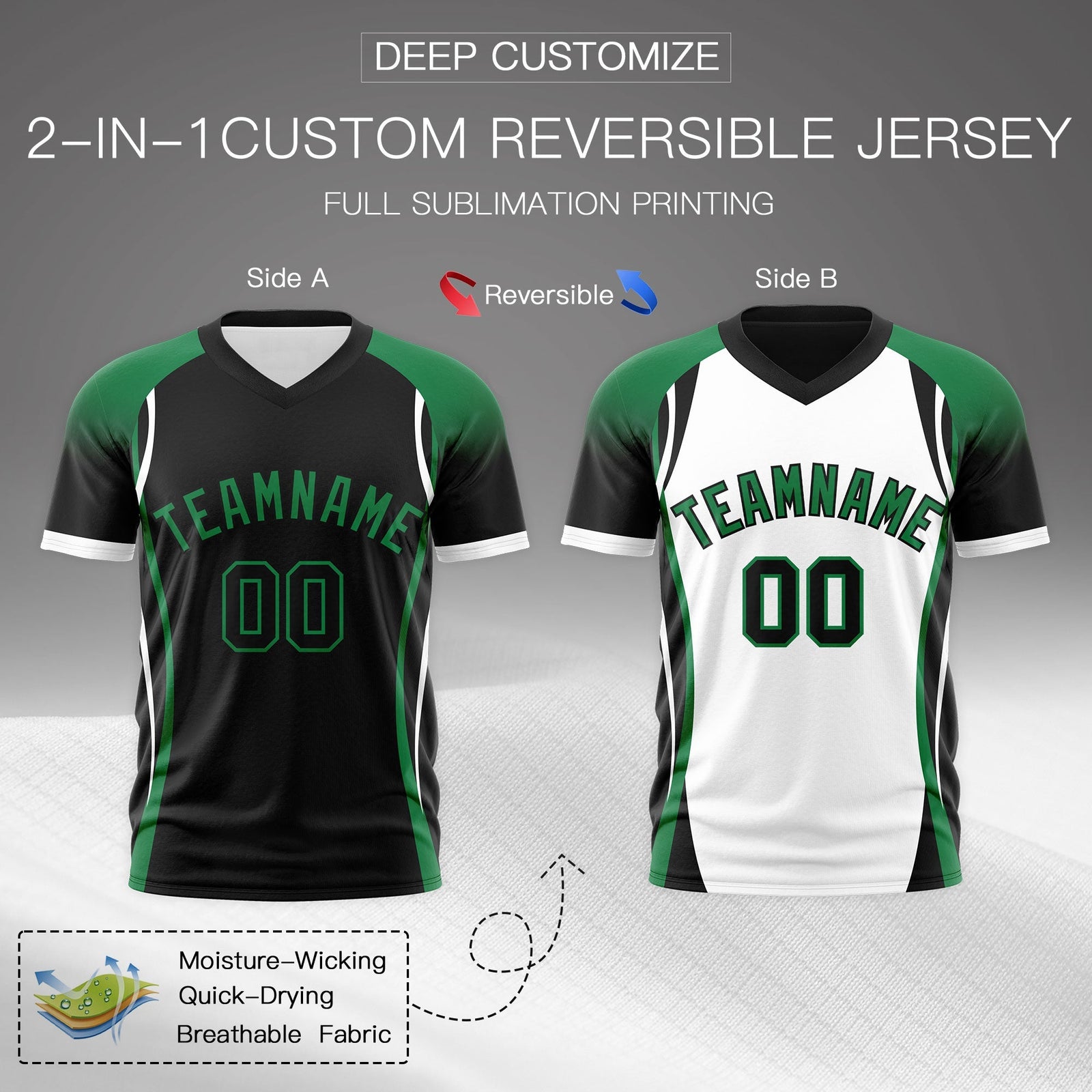 Custom Black Kelly Green White Reversible Breathable T-shirt| KXKSHOP