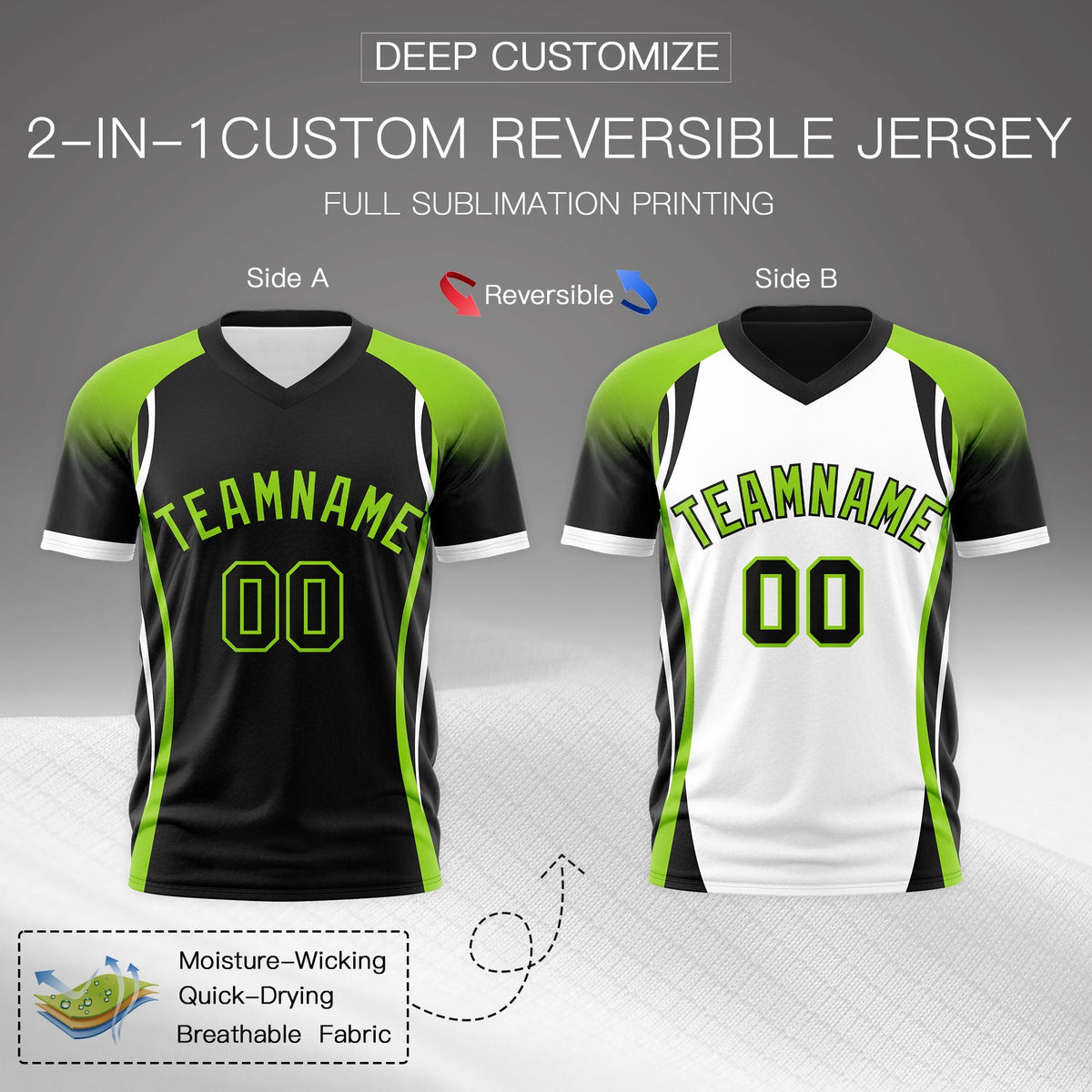 Custom Black Neon Green White Reversible Wrinkle-Resistant T-shirt| KXKSHOP