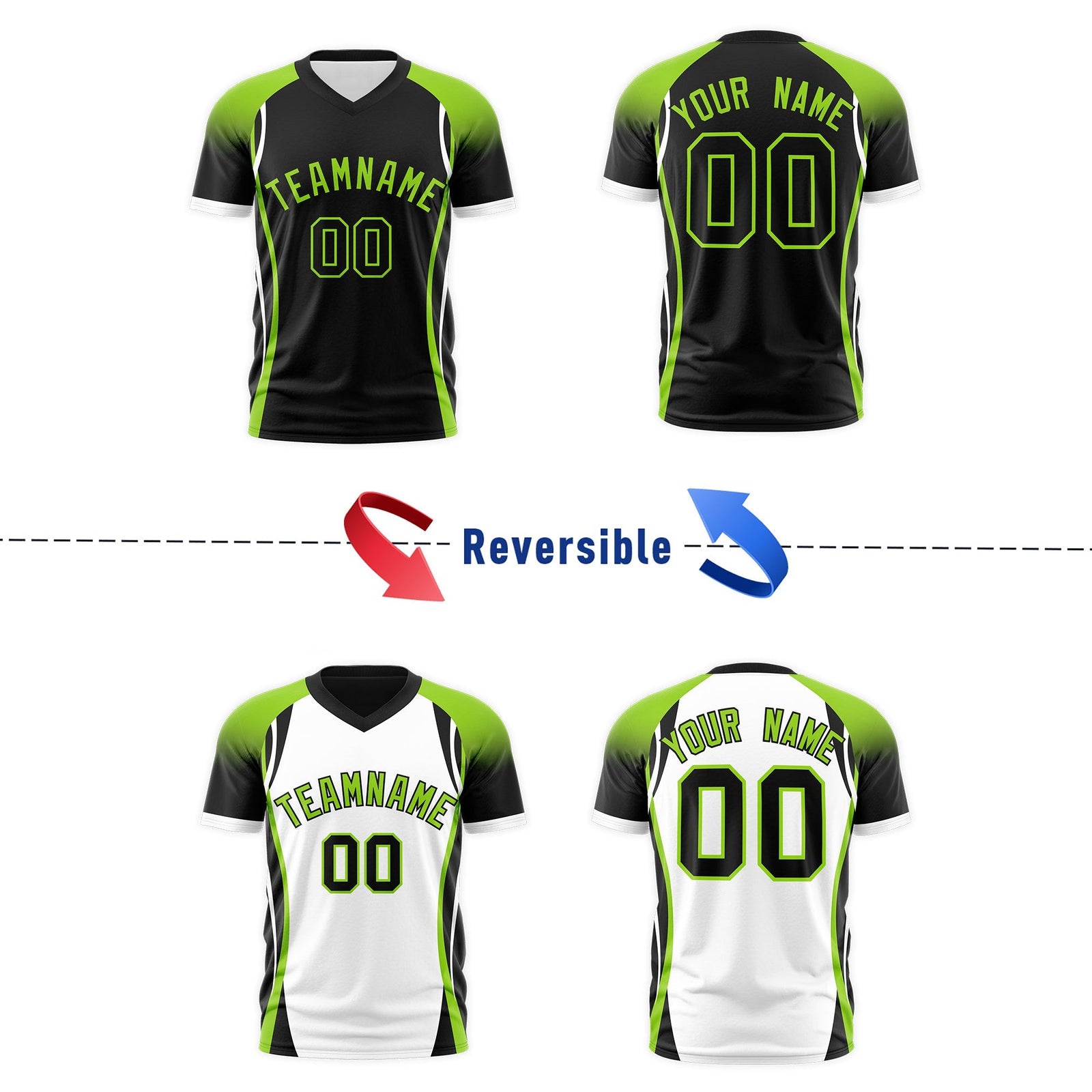 Custom Black Neon Green White Reversible Wrinkle-Resistant T-shirt| KXKSHOP