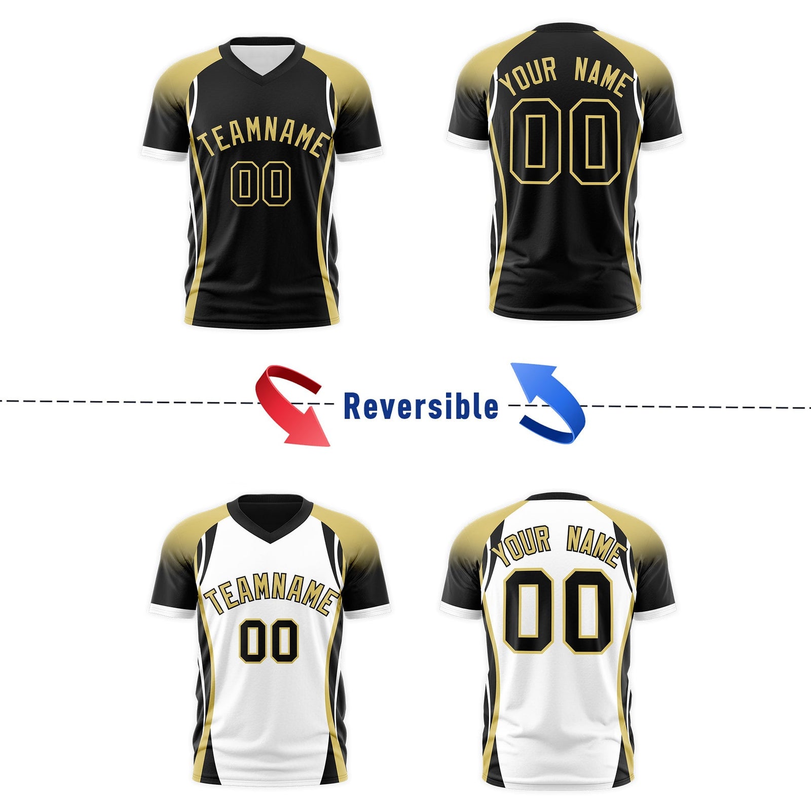 Custom Black Old Gold White Reversible Wrinkle-Resistant T-shirt| KXKSHOP
