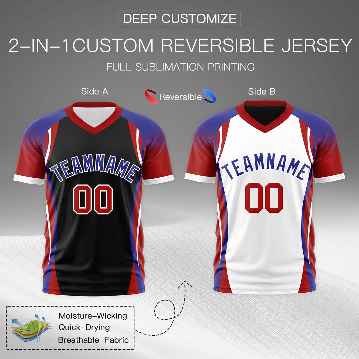 Custom Black Royal Blue Red Reversible Breathable T-shirt| KXKSHOP