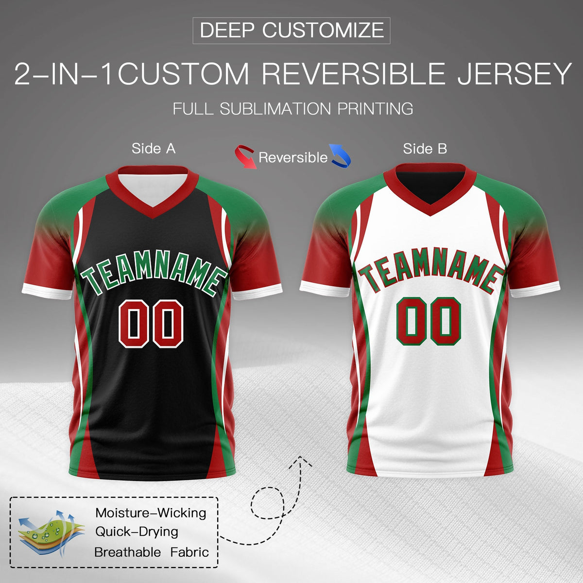 Custom Black Kelly Green Red Reversible Wrinkle-Resistant T-shirt| KXKSHOP
