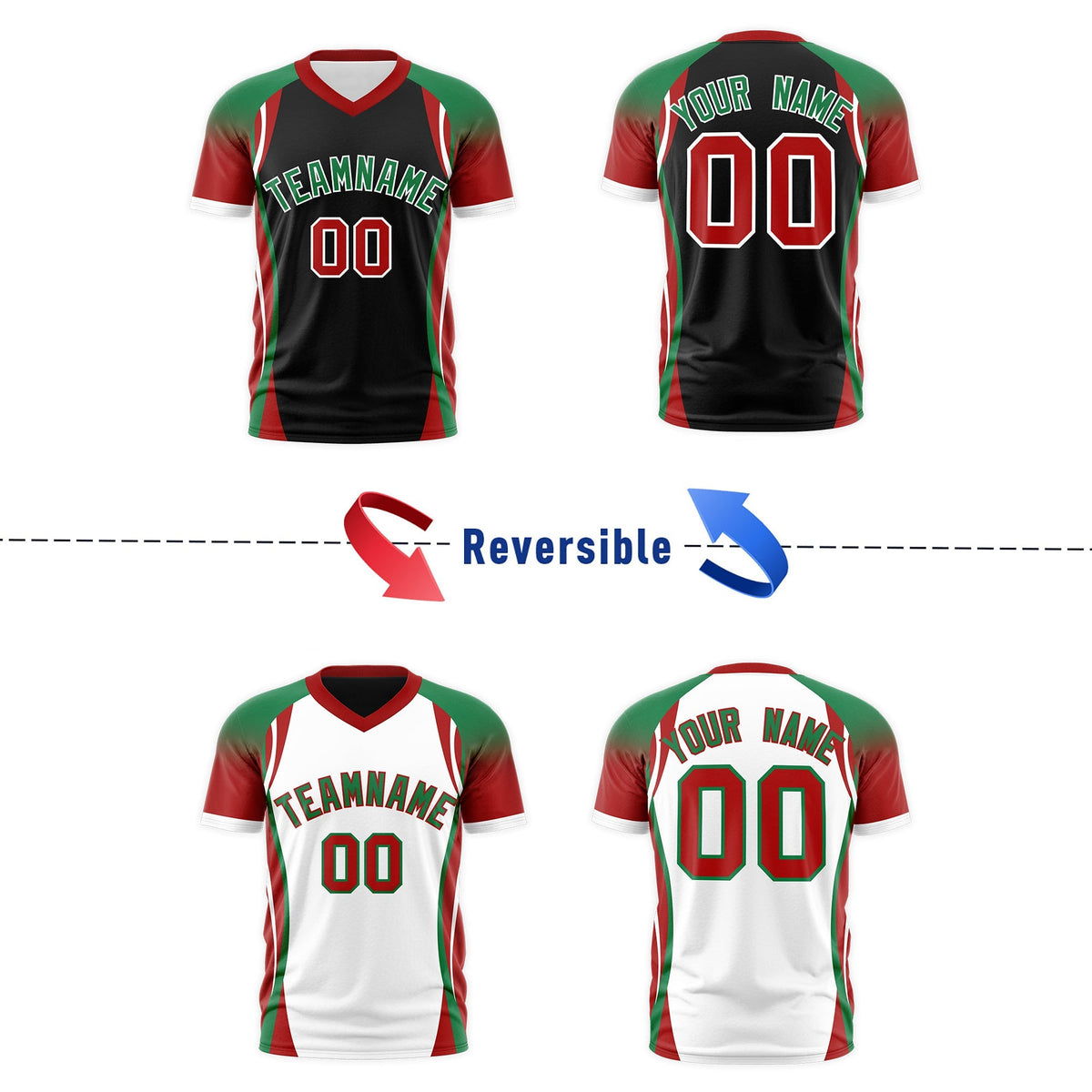 Custom Black Kelly Green Red Reversible Wrinkle-Resistant T-shirt| KXKSHOP
