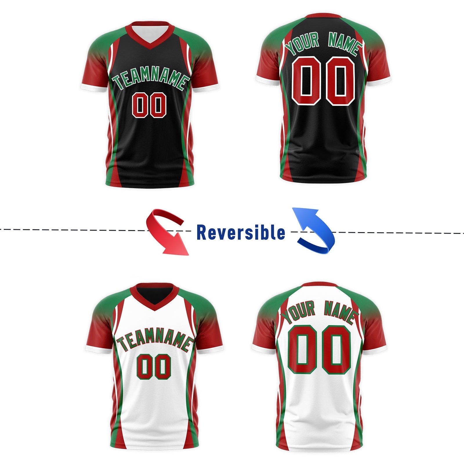 Custom Black Kelly Green Red Reversible Wrinkle-Resistant T-shirt| KXKSHOP