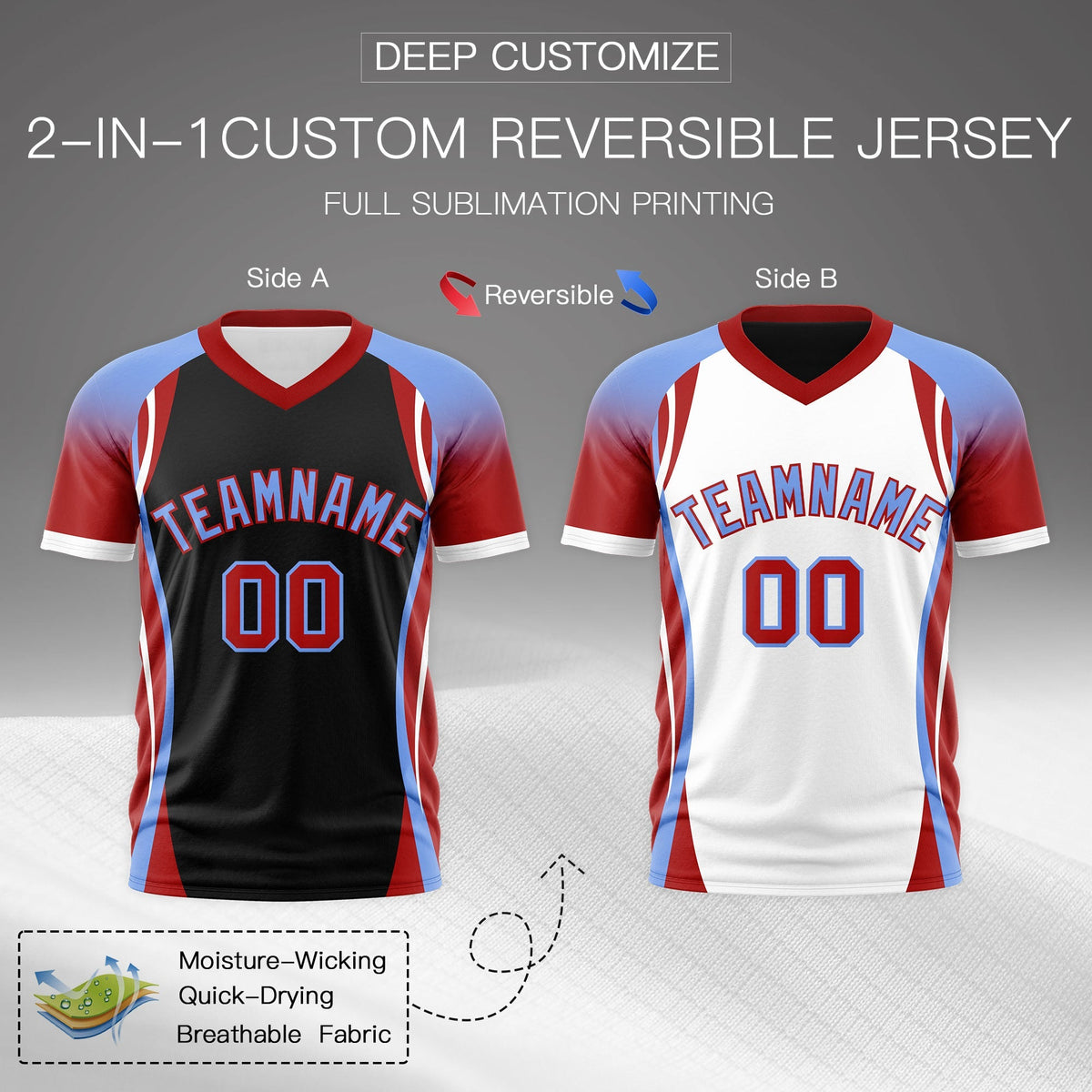 Custom Black Light Blue Red Reversible Breathable T-shirt| KXKSHOP