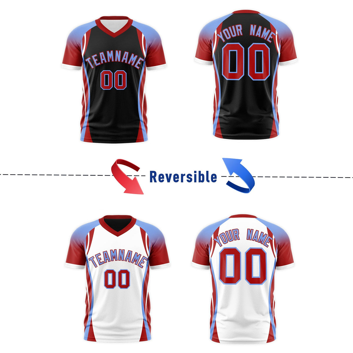Custom Black Light Blue Red Reversible Breathable T-shirt| KXKSHOP