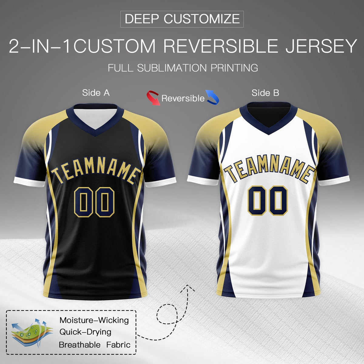 Custom Black Old Gold Navy Reversible Wrinkle-Resistant T-shirt| KXKSHOP