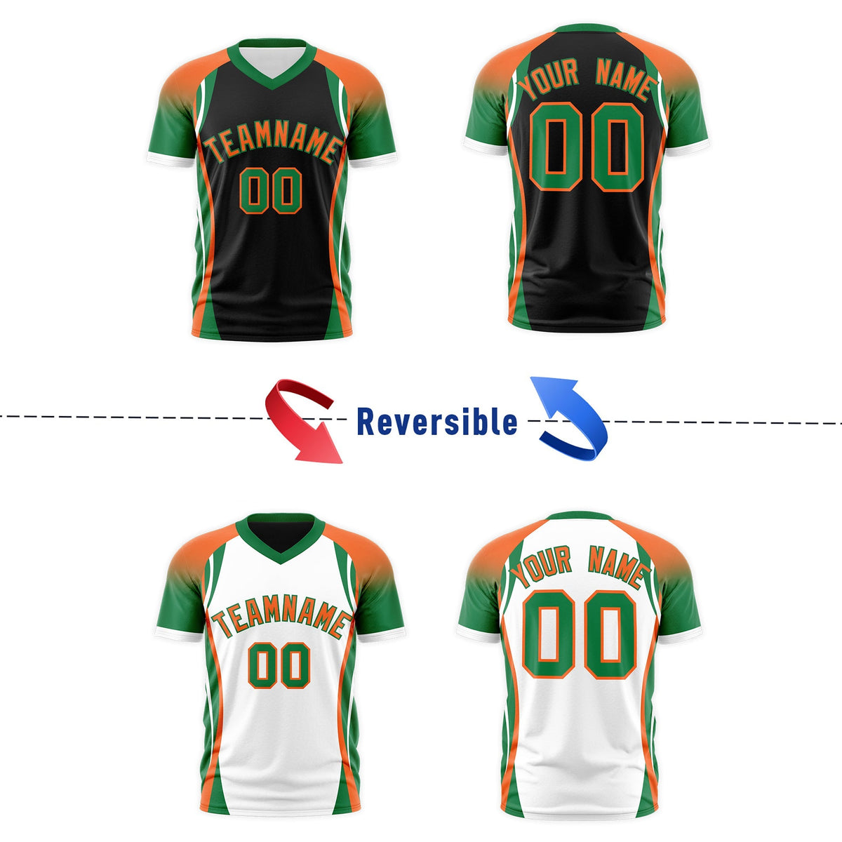 Custom Black Orange Kelly Green Reversible Breathable T-shirt| KXKSHOP
