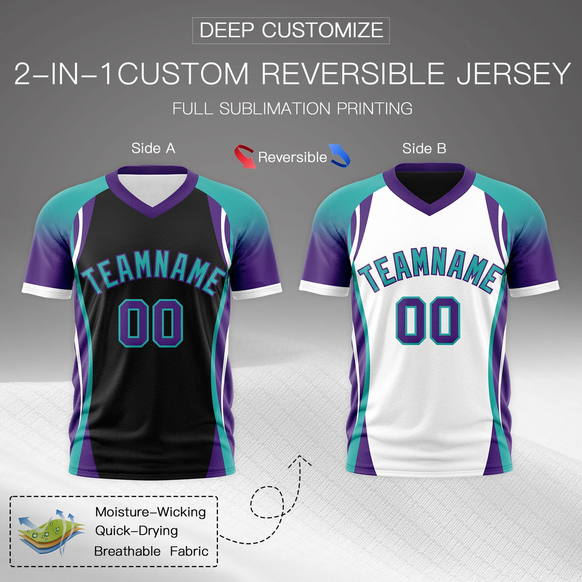 Custom Black Aqua Purple Reversible Wrinkle-Resistant T-shirt| KXKSHOP