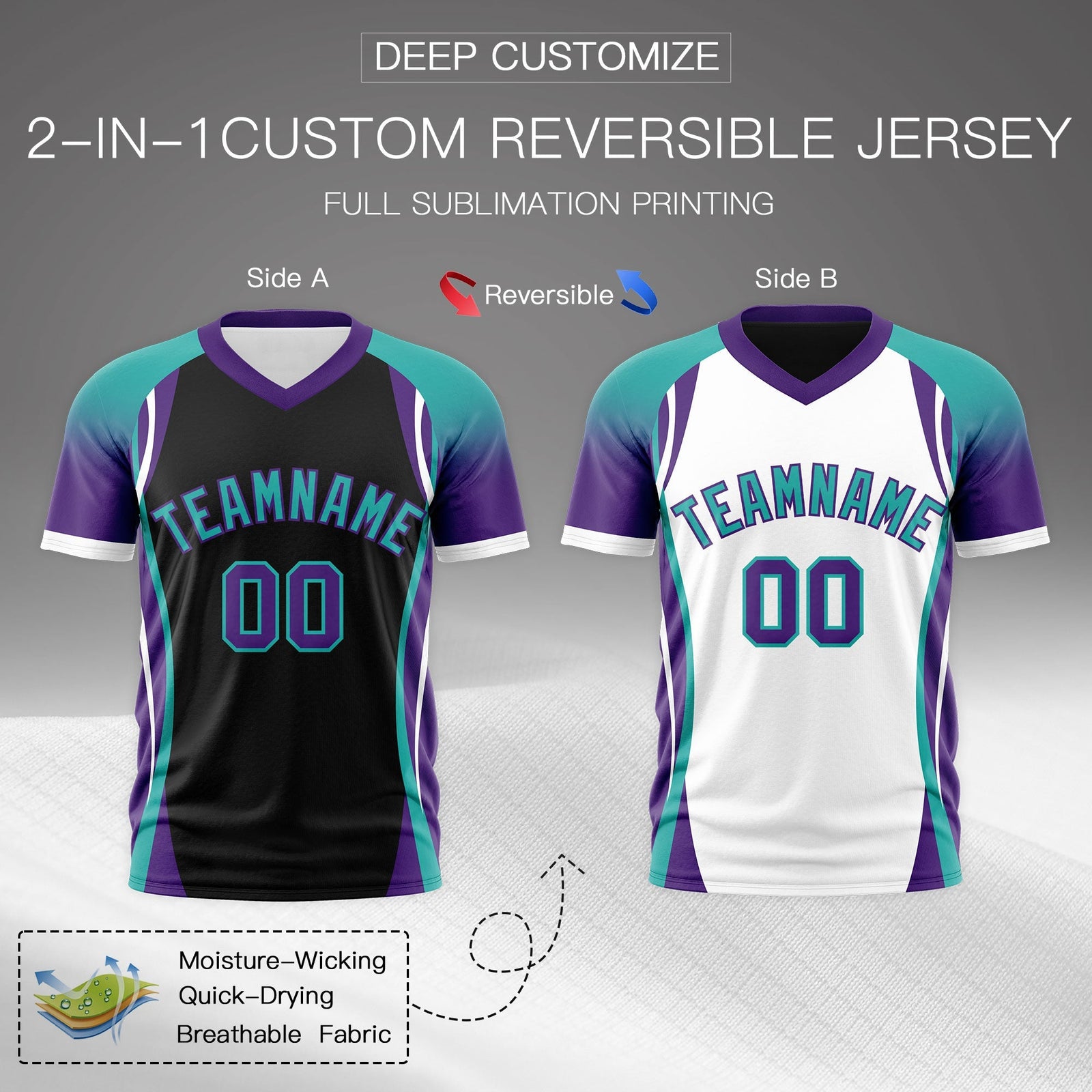 Custom Black Aqua Purple Reversible Wrinkle-Resistant T-shirt| KXKSHOP