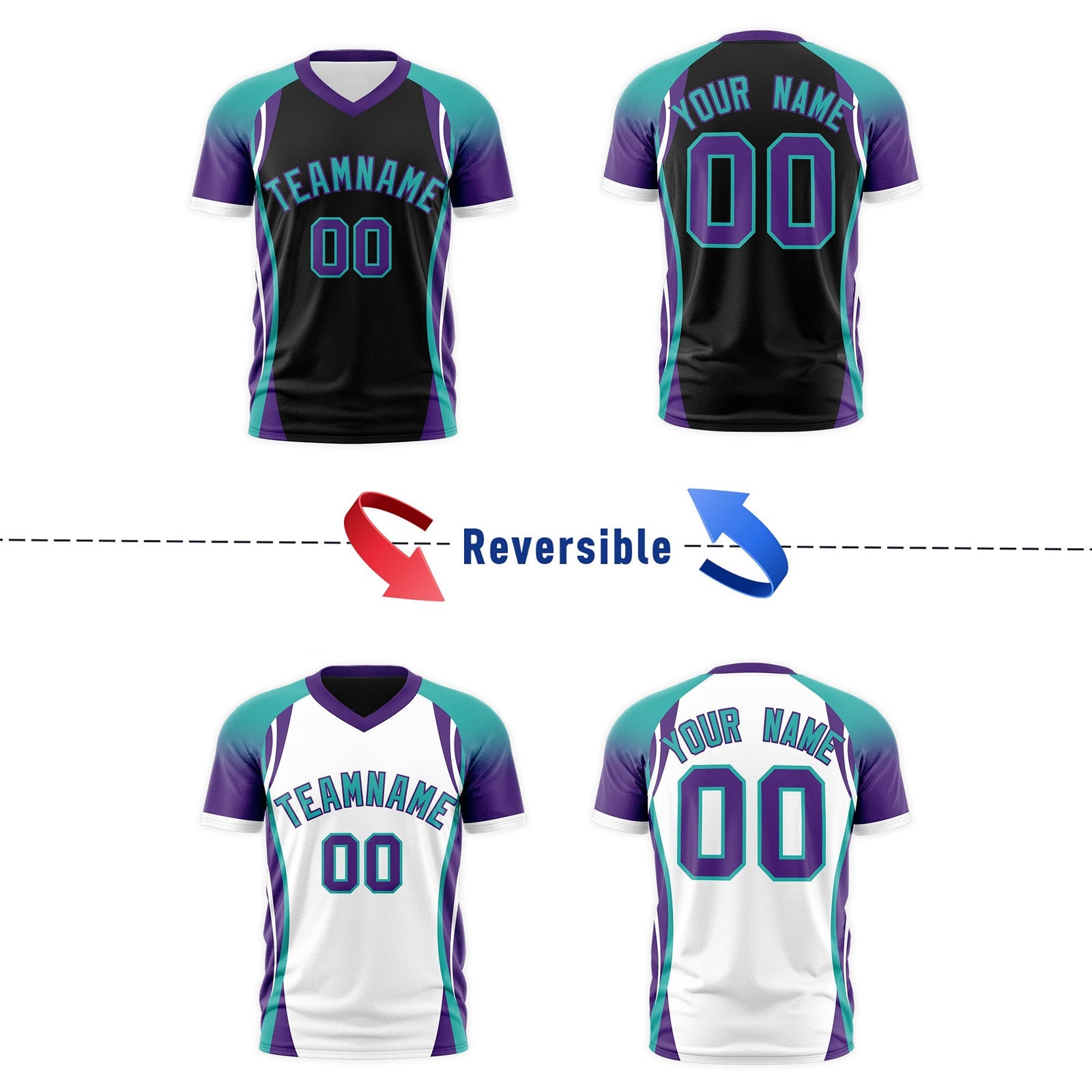 Custom Black Aqua Purple Reversible Wrinkle-Resistant T-shirt| KXKSHOP