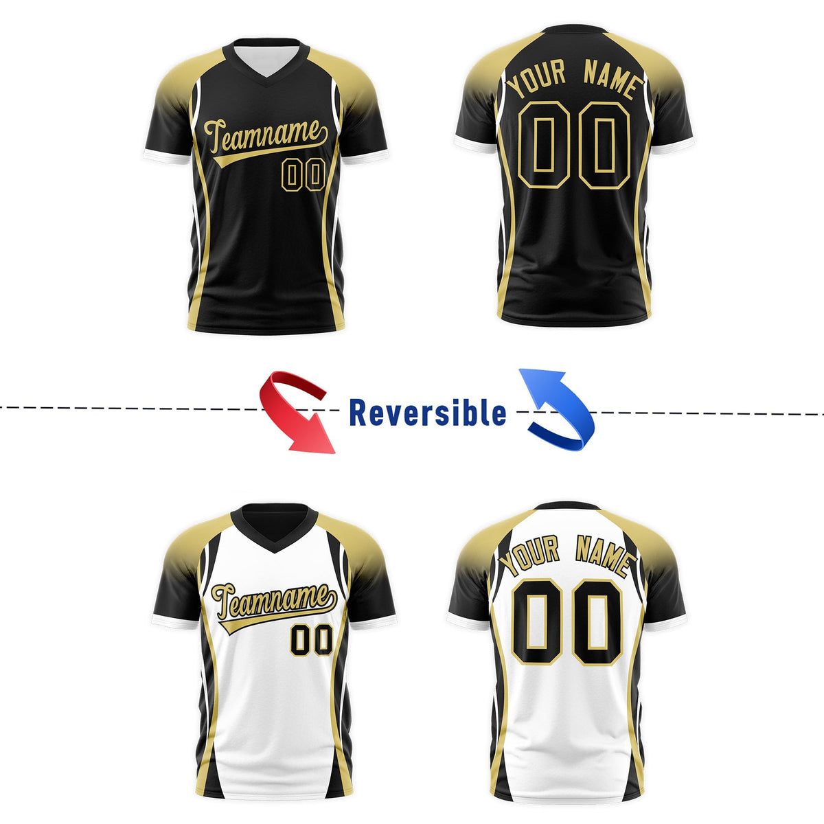 Custom Black Old Gold White Reversible Wrinkle-Resistant T-shirt| KXKSHOP