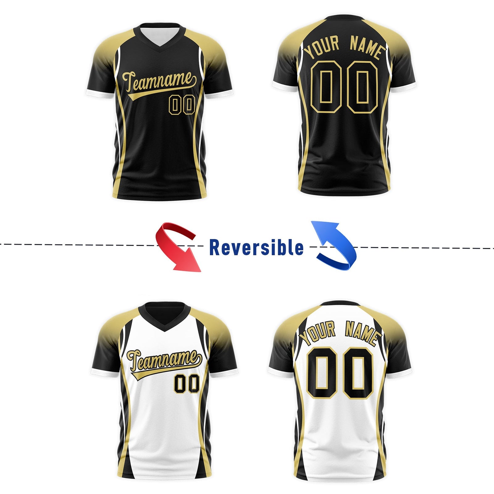 Custom Black Old Gold White Reversible Wrinkle-Resistant T-shirt| KXKSHOP