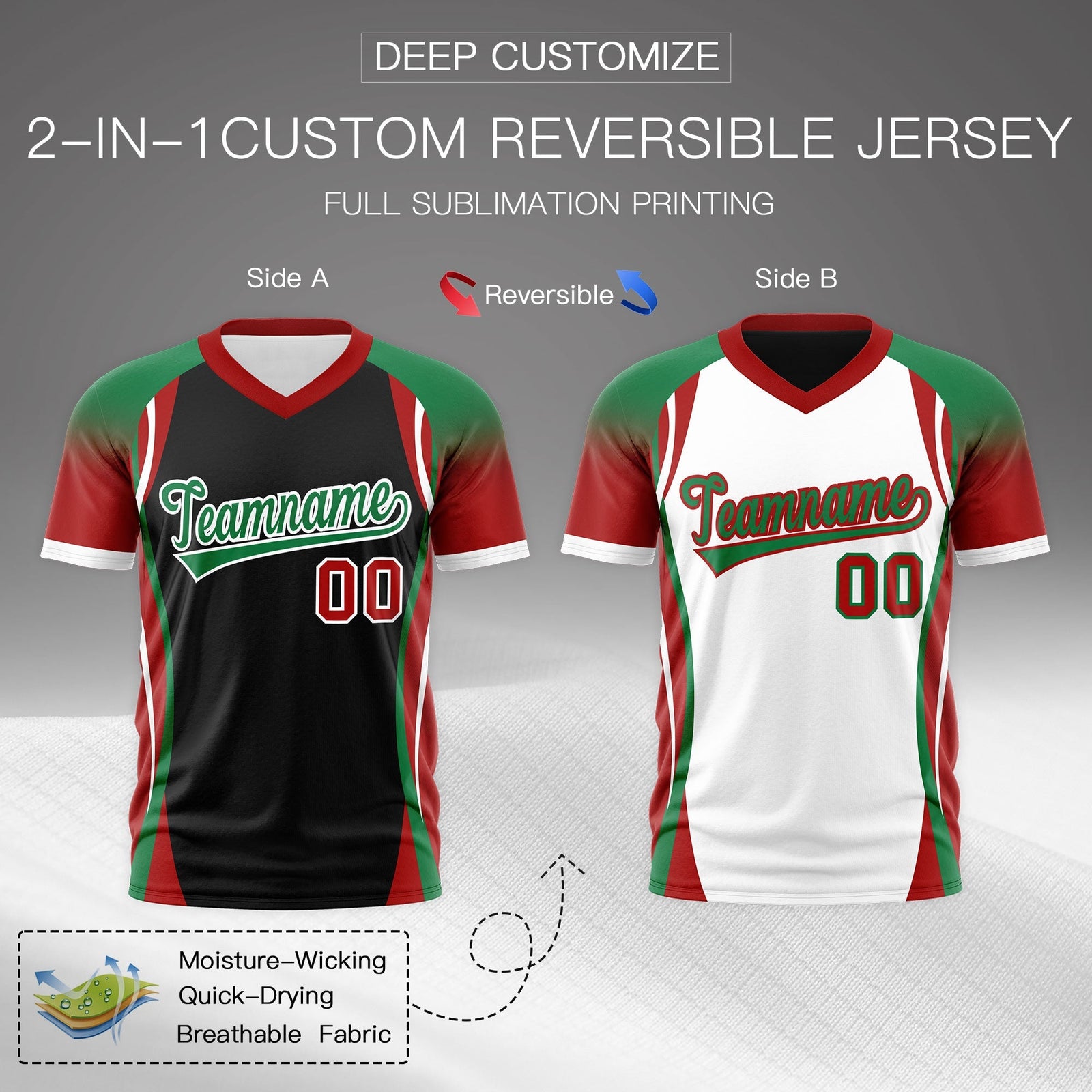 Custom Black Kelly Green Red Reversible Wrinkle-Resistant T-shirt| KXKSHOP