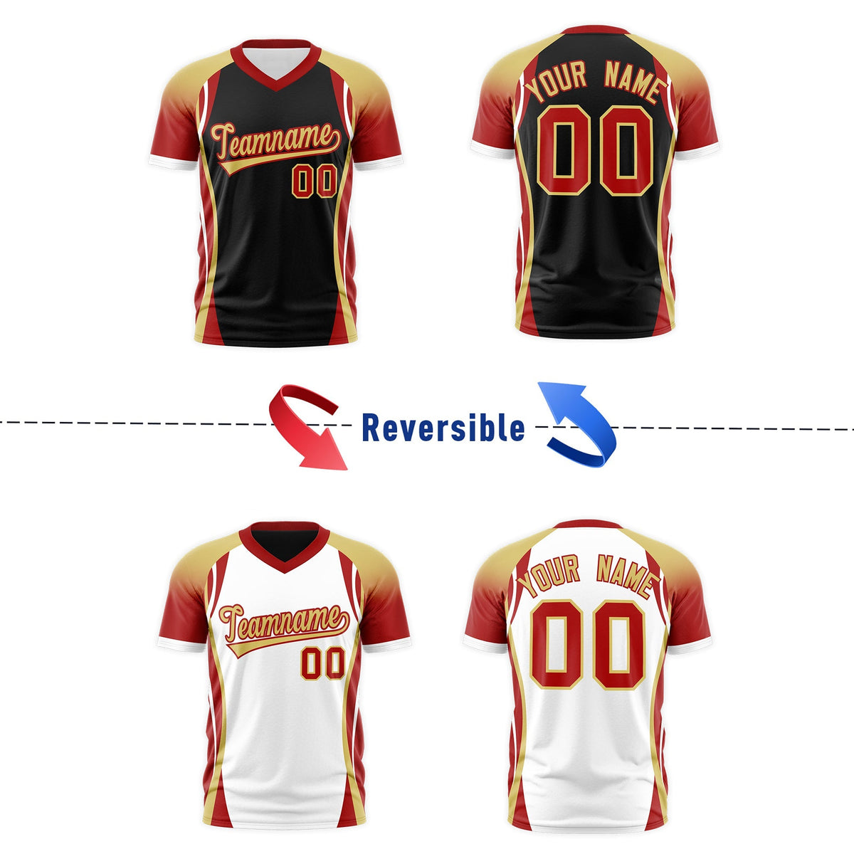 Custom Black Old Gold Red Reversible Breathable T-shirt| KXKSHOP