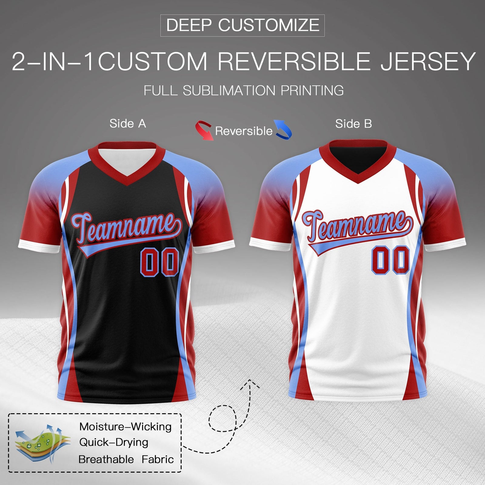 Custom Black Light Blue Red Reversible Breathable T-shirt| KXKSHOP