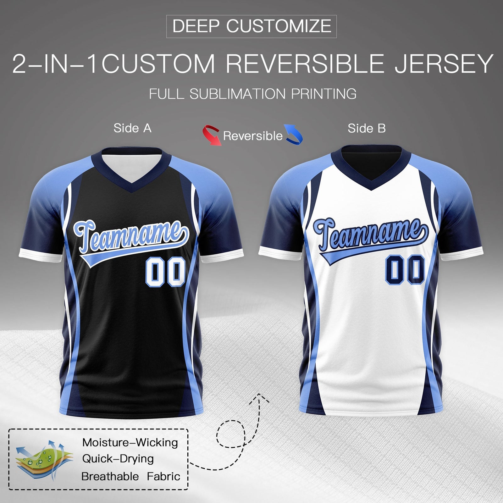 Custom Black Light Blue Navy Reversible Wrinkle-Resistant T-shirt| KXKSHOP