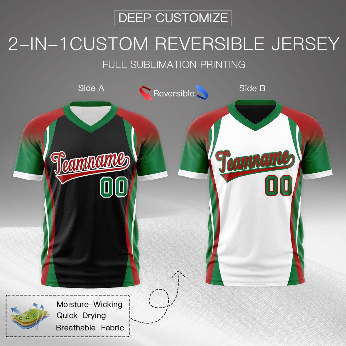 Custom Black Red Kelly Green Reversible Wrinkle-Resistant T-shirt| KXKSHOP
