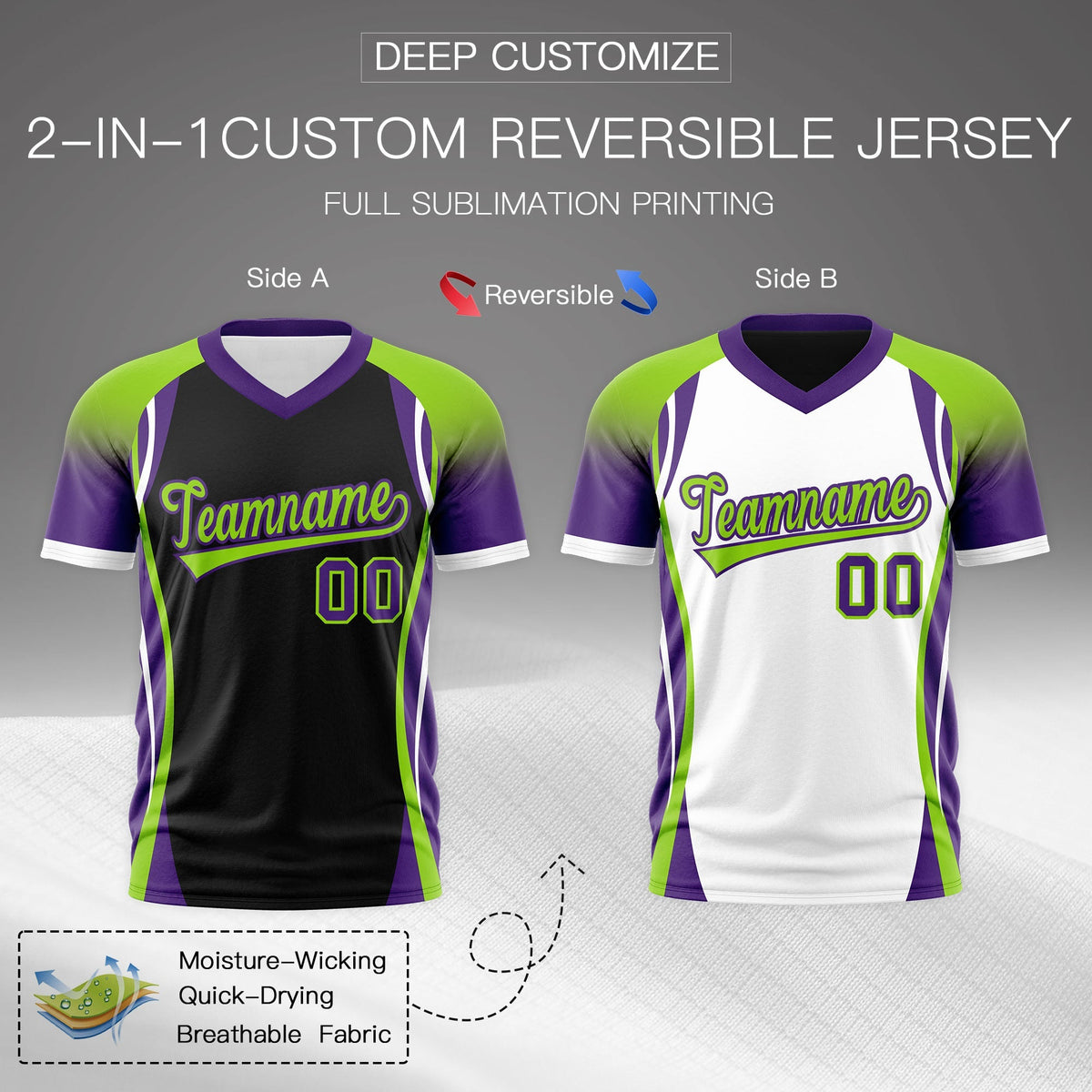 Custom Black Neon Green Purple Reversible Breathable T-shirt| KXKSHOP