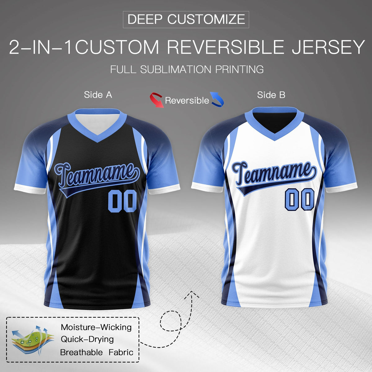Custom Black Navy Light Blue Reversible Breathable T-shirt| KXKSHOP