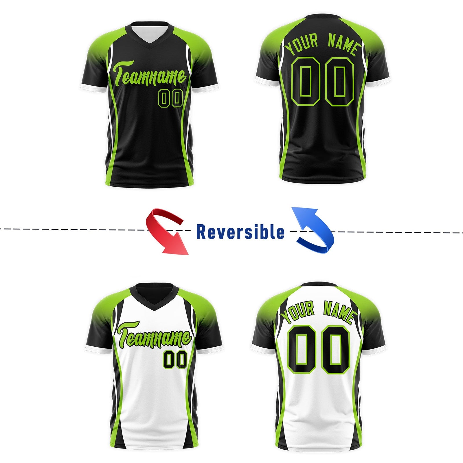 Custom Black Neon Green White Reversible Wrinkle-Resistant T-shirt| KXKSHOP