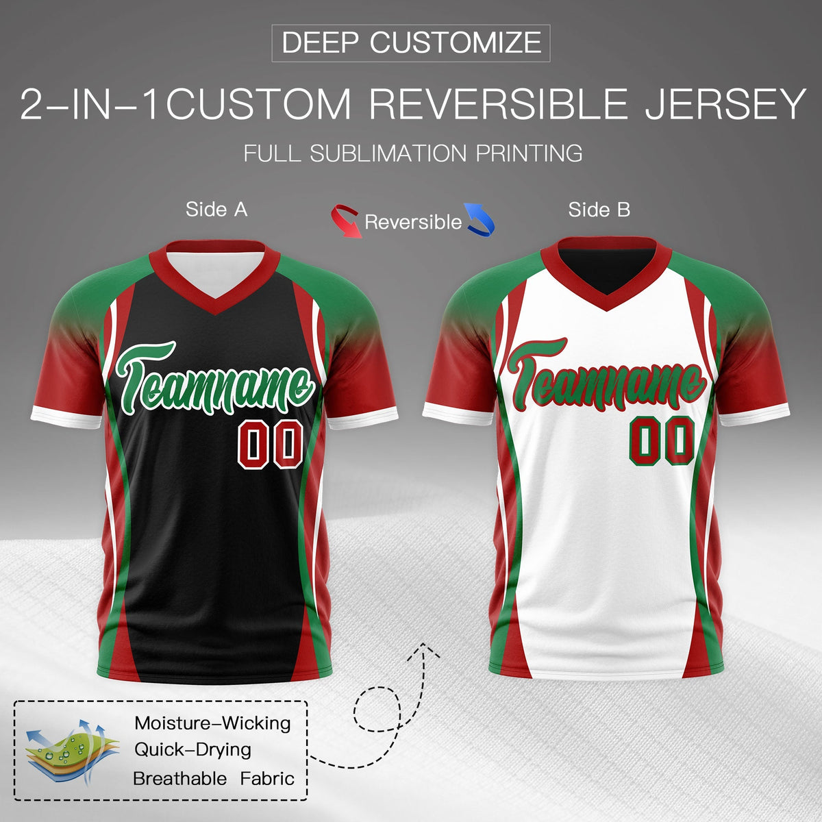 Custom Black Kelly Green Red Reversible Wrinkle-Resistant T-shirt| KXKSHOP