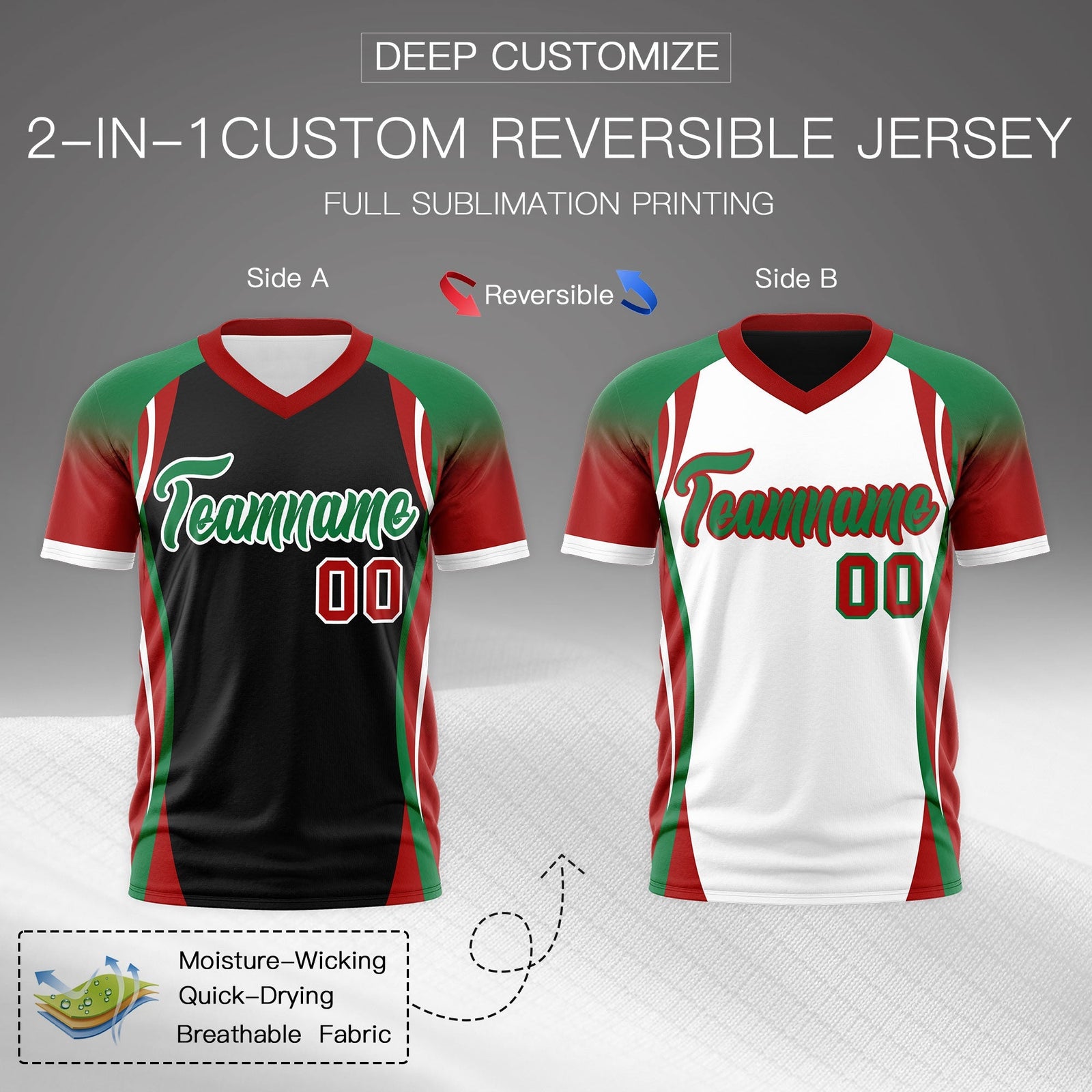 Custom Black Kelly Green Red Reversible Wrinkle-Resistant T-shirt| KXKSHOP