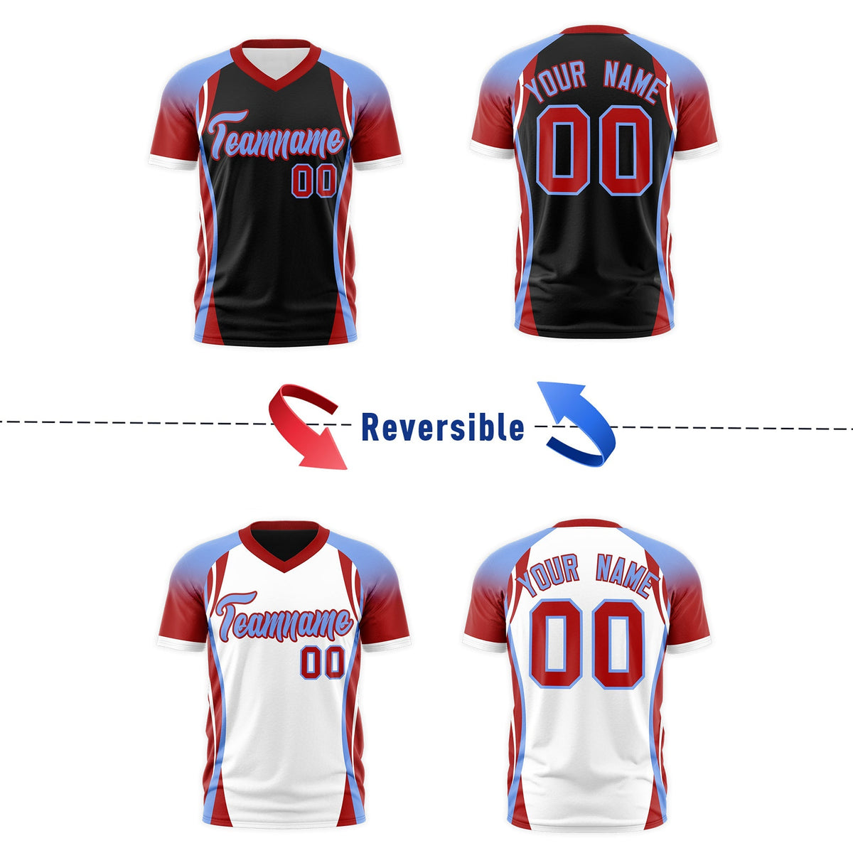 Custom Black Light Blue Red Reversible Breathable T-shirt| KXKSHOP
