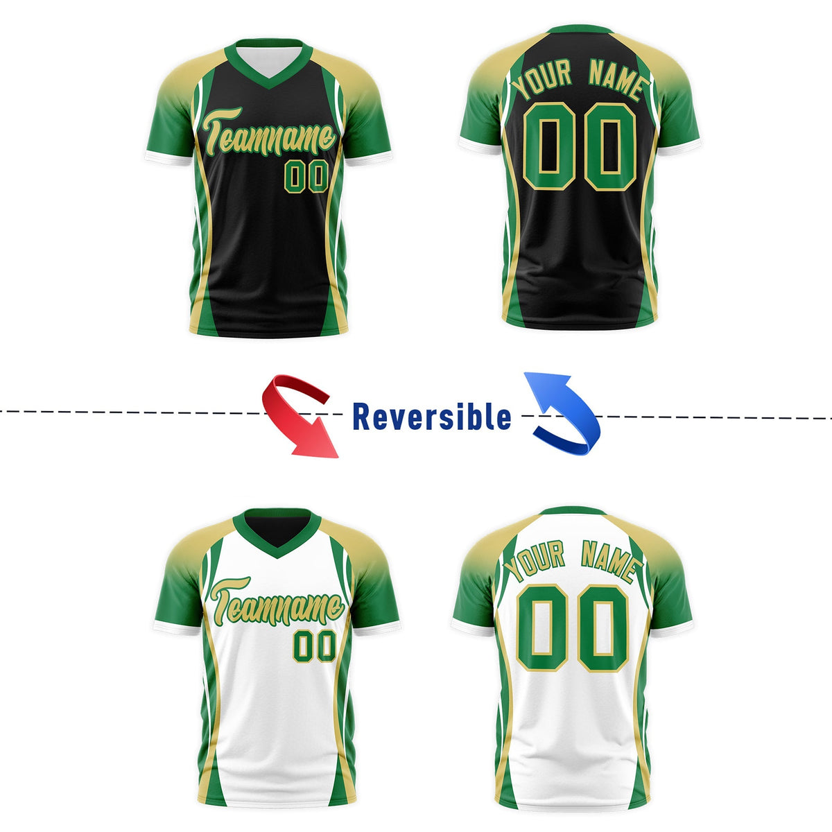 Custom Black Old Gold Kelly Green Reversible Breathable T-shirt| KXKSHOP