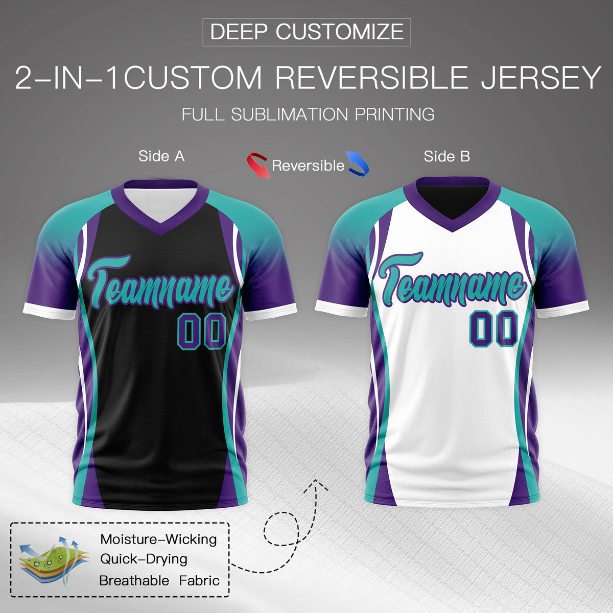 Custom Black Aqua Purple Reversible Wrinkle-Resistant T-shirt| KXKSHOP