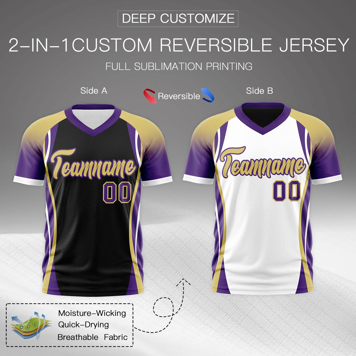 Custom Black Old Gold Purple Reversible Breathable T-shirt| KXKSHOP