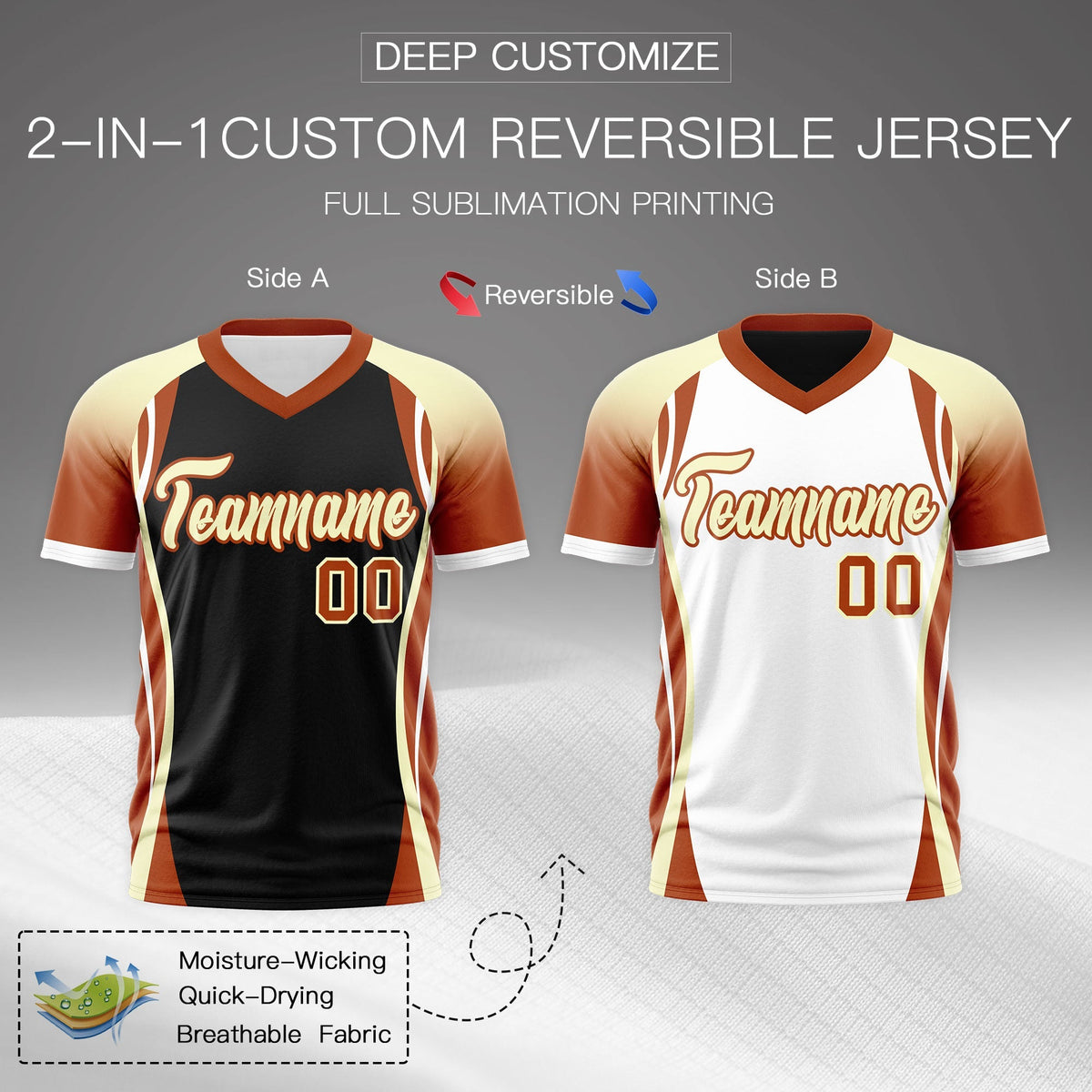 Custom Black Cream Dark Orange Reversible Breathable T-shirt| KXKSHOP