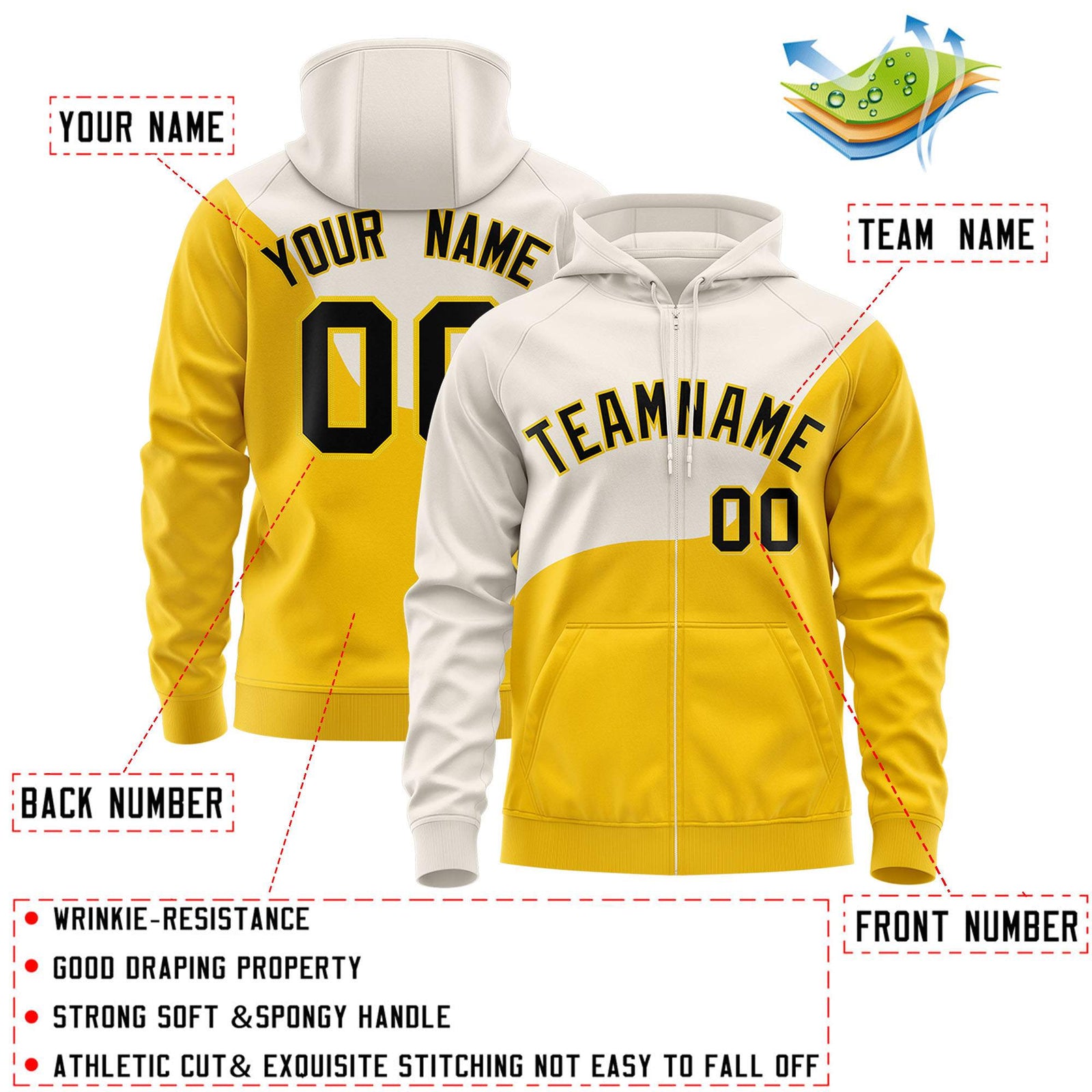 Custom Cream Gold Color Block Varsity Full-Zip Letterman Wave Hoodie Jacket