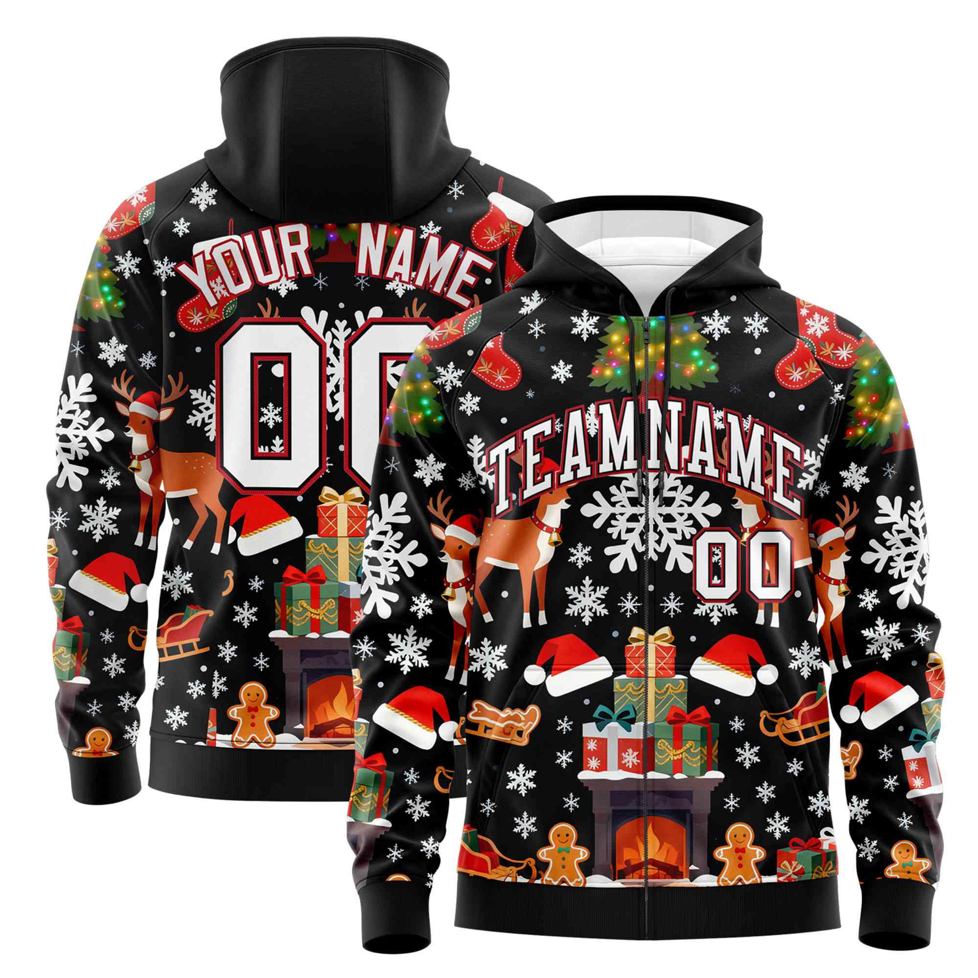 Custom Black White Christmas Graffiti Pattern Athletic Pullover Hoodie