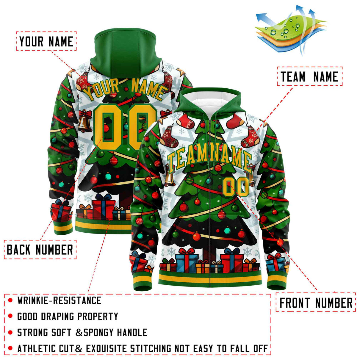 Custom Kelly Green Gold Christmas Graffiti Pattern Athletic Pullover Hoodie