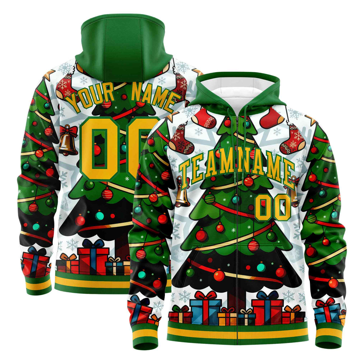 Custom Kelly Green Gold Christmas Graffiti Pattern Athletic Full-Zip Hoodie