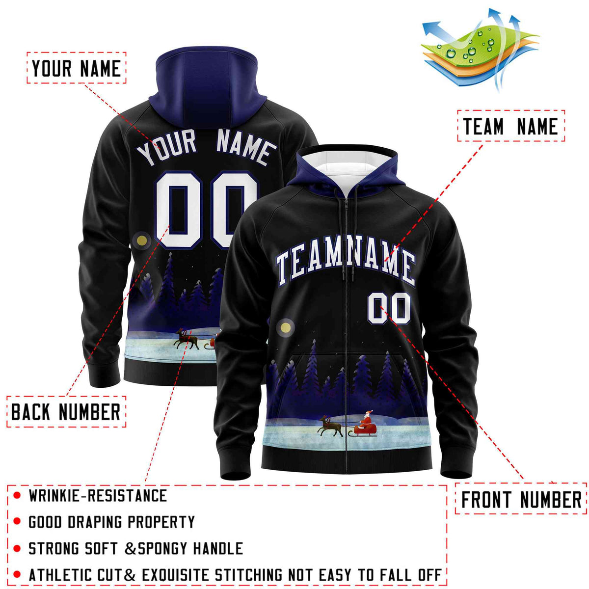 Custom Black Dark Blue Christmas Graffiti Pattern Athletic Pullover Hoodie