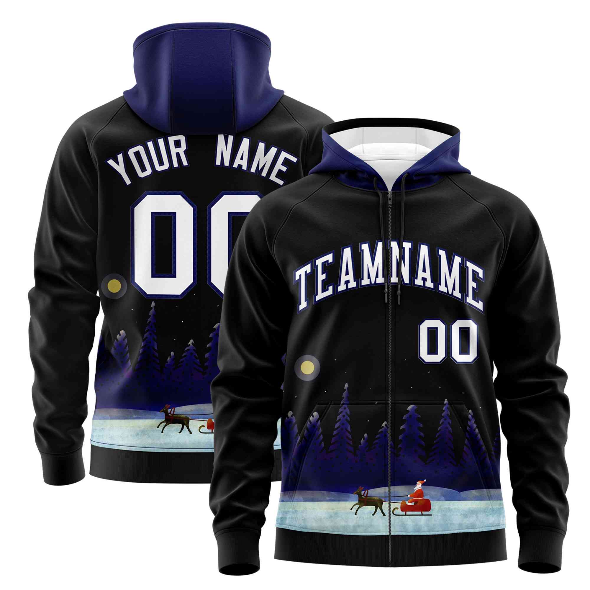 Custom Black Dark Blue Christmas Graffiti Pattern Athletic Pullover Hoodie