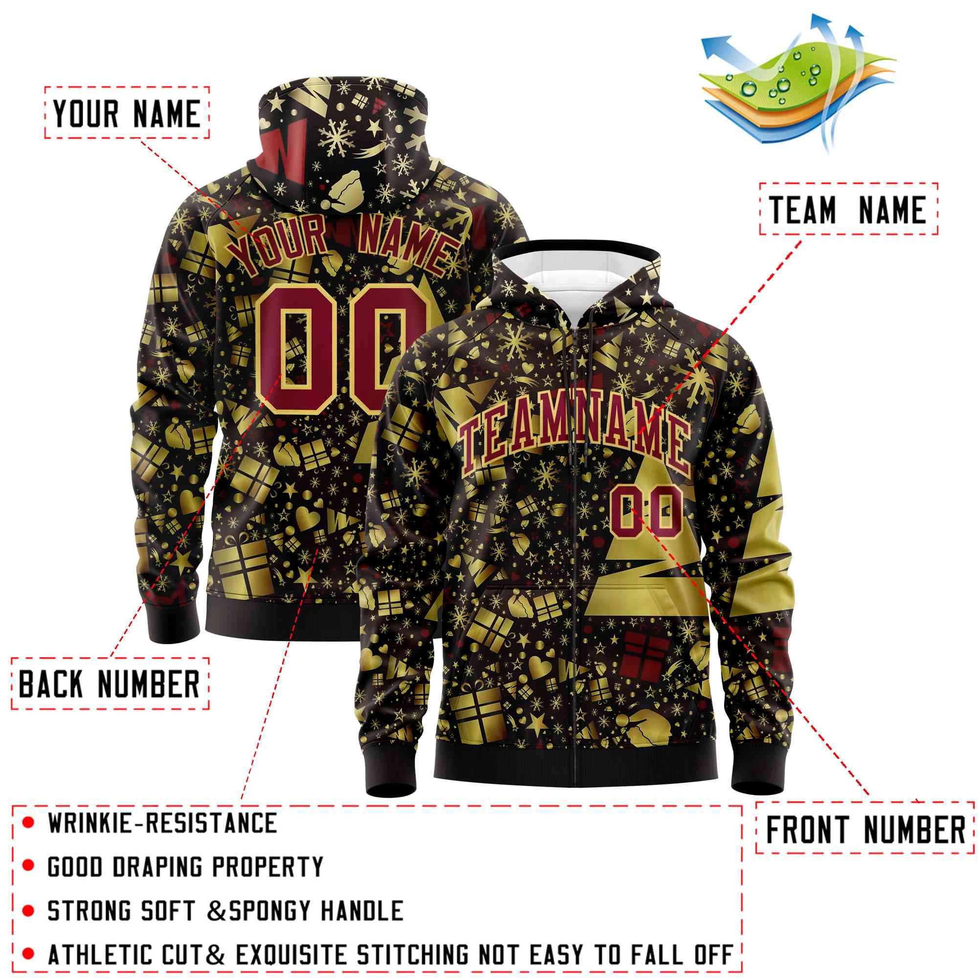 Custom Brown Crimson Christmas Graffiti Pattern Athletic Pullover Hoodie